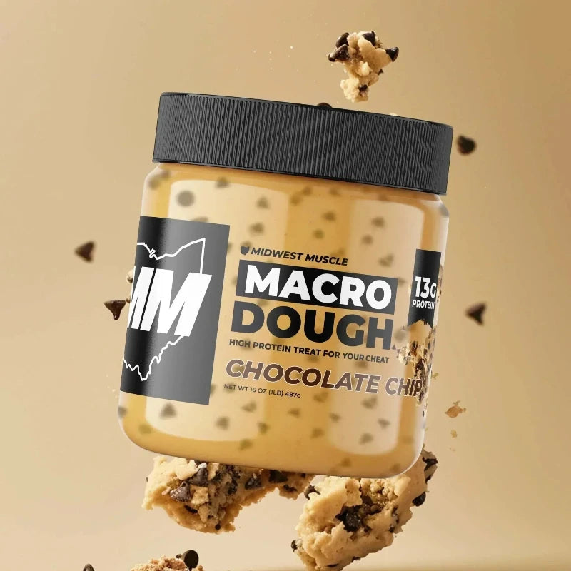 High protein dessert chocolate chip macro dough jar from Midwest Muscle with rich, creamy texture and authentic homemade flavor.